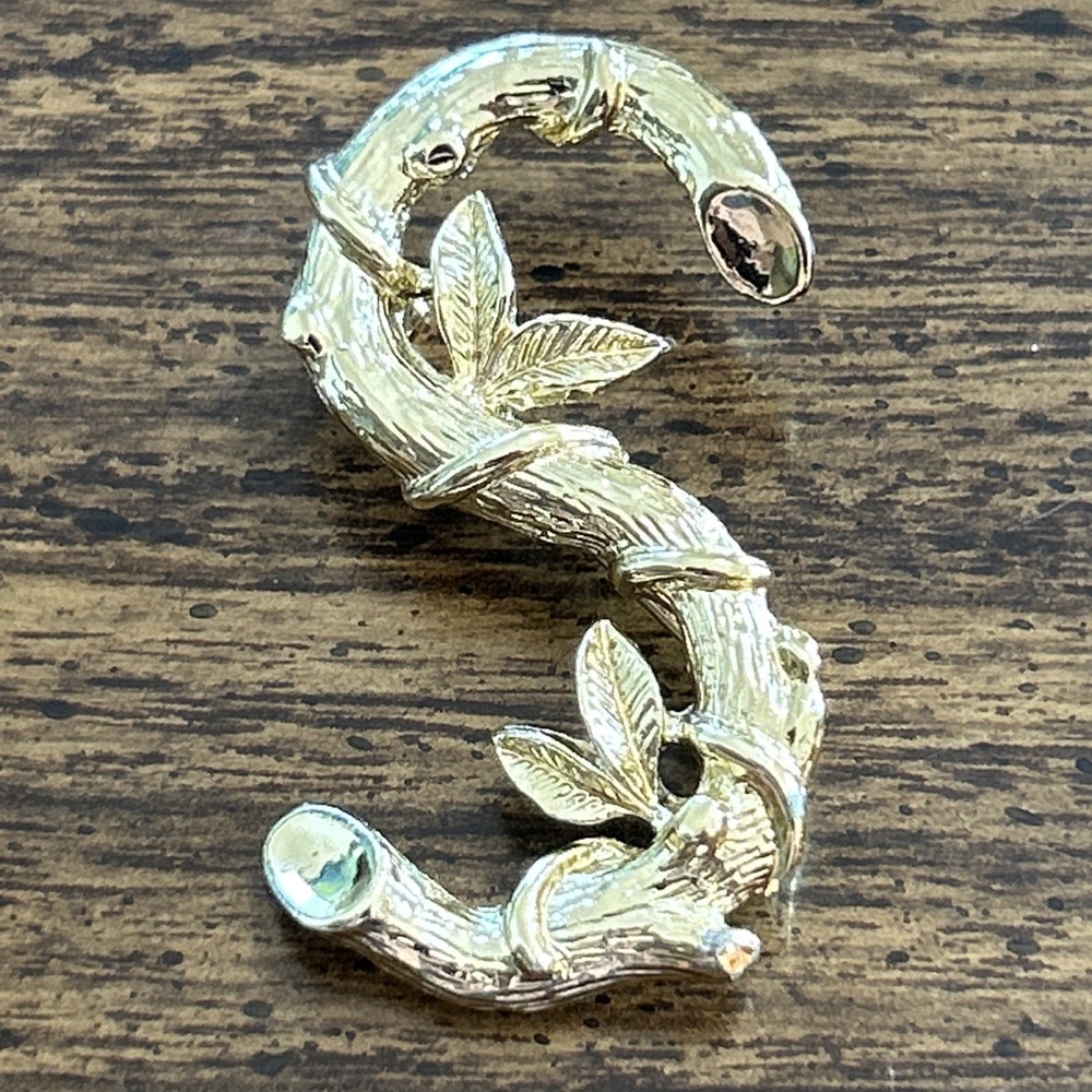 Vintage Sarah Coventry Initial S Brooch Gold Tone Branch Bird Leaf Signed Pin
